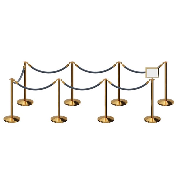 Montour Line Stanchion Post & Rope Kit Pol.Brass, 8FlatTop 7Gray Rope 8.5x11H Sign C-Kit-7-PB-FL-1-Tapped-1-8511-H-7-PVR-GY-PB